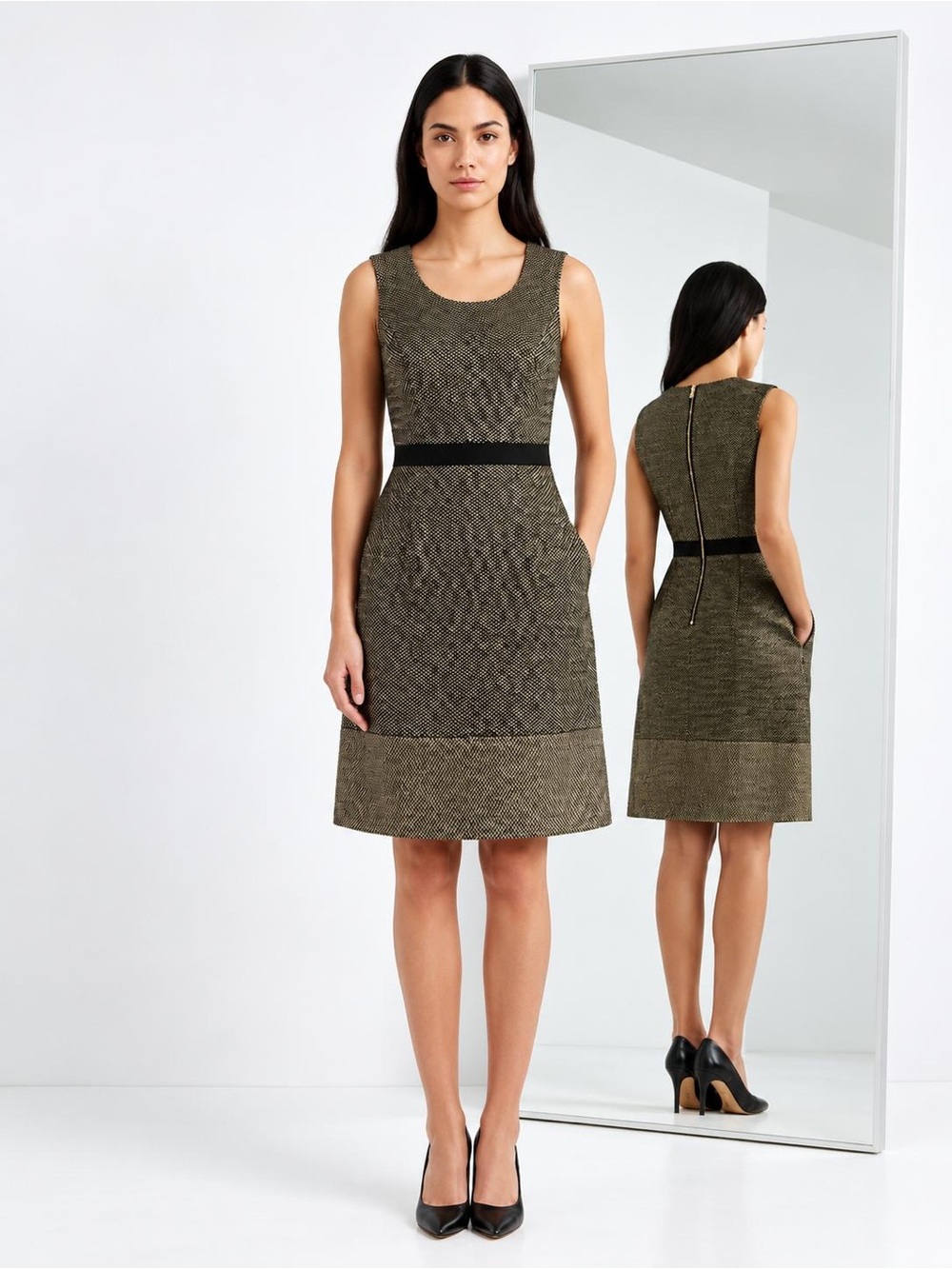 Shoshanna Adele Woven Black and Gold Metallic Dress, 8